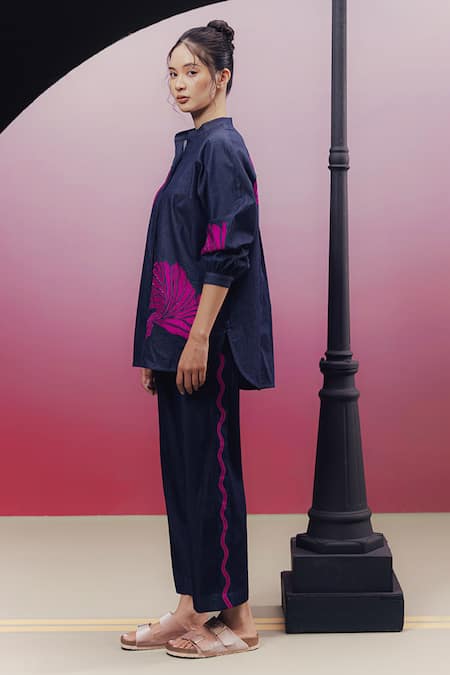 Buy_Kavya Singh Kundu_Blue Denim Beads, Applique Mandarin Penz Leaf Embroidered Shirt And Pant Set _Online_at_Aza_Fashions