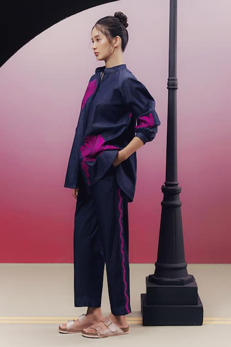 Shop_Kavya Singh Kundu_Blue Denim Beads, Applique Mandarin Penz Leaf Embroidered Shirt And Pant Set _Online_at_Aza_Fashions
