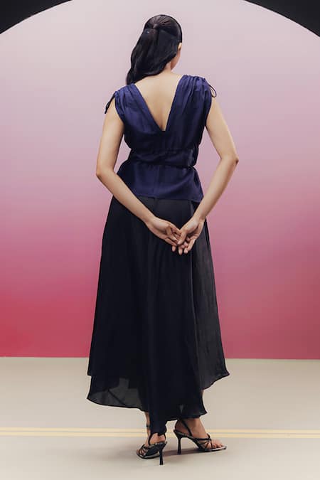 Shop_Kavya Singh Kundu_Black Handloom Cotton, Silk V-neck Thea Asymmetric Peplum Bodice Dress _at_Aza_Fashions