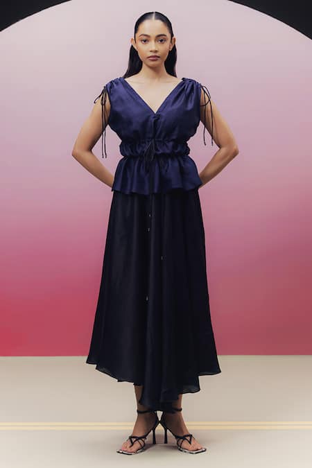 Kavya Singh Kundu_Black Handloom Cotton, Silk V-neck Thea Asymmetric Peplum Bodice Dress _Online_at_Aza_Fashions