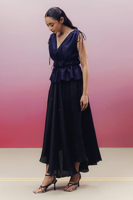Buy_Kavya Singh Kundu_Black Handloom Cotton, Silk V-neck Thea Asymmetric Peplum Bodice Dress _Online_at_Aza_Fashions