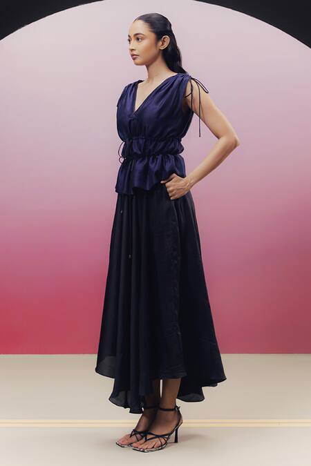 Shop_Kavya Singh Kundu_Black Handloom Cotton, Silk V-neck Thea Asymmetric Peplum Bodice Dress _Online_at_Aza_Fashions