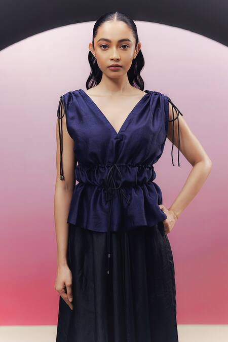 Kavya Singh Kundu_Black Handloom Cotton, Silk V-neck Thea Asymmetric Peplum Bodice Dress _at_Aza_Fashions