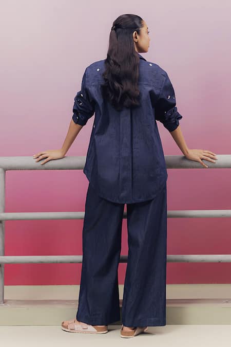 Shop_Kavya Singh Kundu_Blue Denim Beads Collared Tom Embroidered Shirt And Pant Set _at_Aza_Fashions