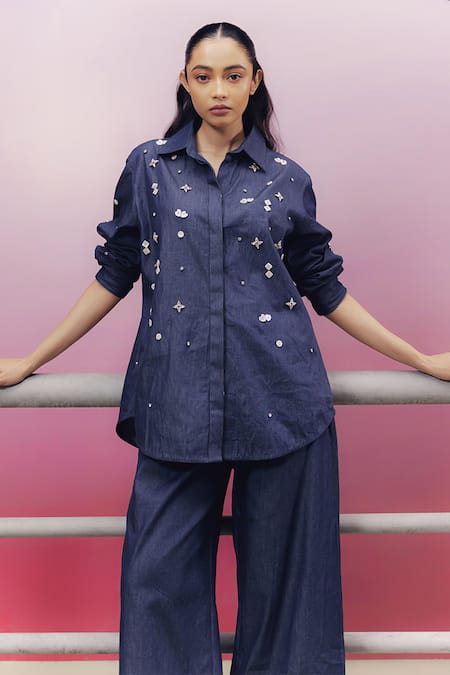 Buy_Kavya Singh Kundu_Blue Denim Beads Collared Tom Embroidered Shirt And Pant Set _Online_at_Aza_Fashions