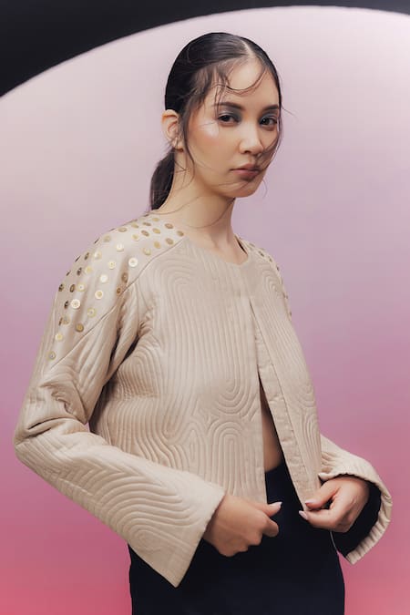 Shop Kavya Singh Kundu Beige Silk Sequins Round Neck Vaca Quilted Crop Jacket at Aza Fashions Shop_Kavya Singh Kundu_Beige Silk Sequins Round Neck Vaca Quilted Crop Jacket _at_Aza_Fashions