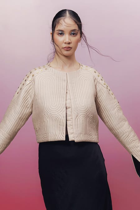 Kavya Singh Kundu Beige Silk Sequins Round Neck Vaca Quilted Crop Jacket Online at Aza Fashions Kavya Singh Kundu_Beige Silk Sequins Round Neck Vaca Quilted Crop Jacket _Online_at_Aza_Fashions