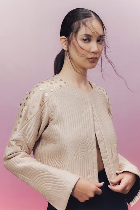 Buy Kavya Singh Kundu Beige Silk Sequins Round Neck Vaca Quilted Crop Jacket Online at Aza Fashions Buy_Kavya Singh Kundu_Beige Silk Sequins Round Neck Vaca Quilted Crop Jacket _Online_at_Aza_Fashions