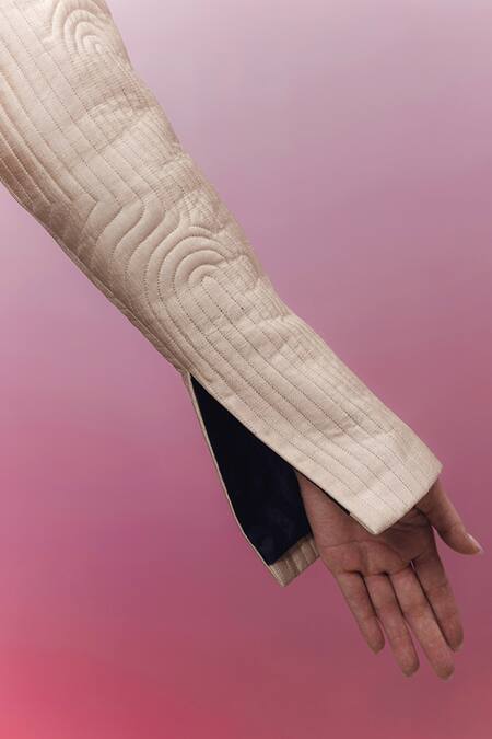 Shop Kavya Singh Kundu Beige Silk Sequins Round Neck Vaca Quilted Crop Jacket Online at Aza Fashions Shop_Kavya Singh Kundu_Beige Silk Sequins Round Neck Vaca Quilted Crop Jacket _Online_at_Aza_Fashions