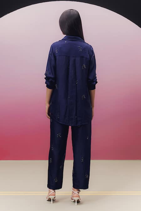 Shop_Kavya Singh Kundu_Black Silk Beads Collared Zena Leaf Embroidered Shirt And Pant Set _at_Aza_Fashions