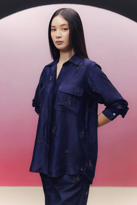 Buy_Kavya Singh Kundu_Black Silk Beads Collared Zena Leaf Embroidered Shirt And Pant Set _Online_at_Aza_Fashions