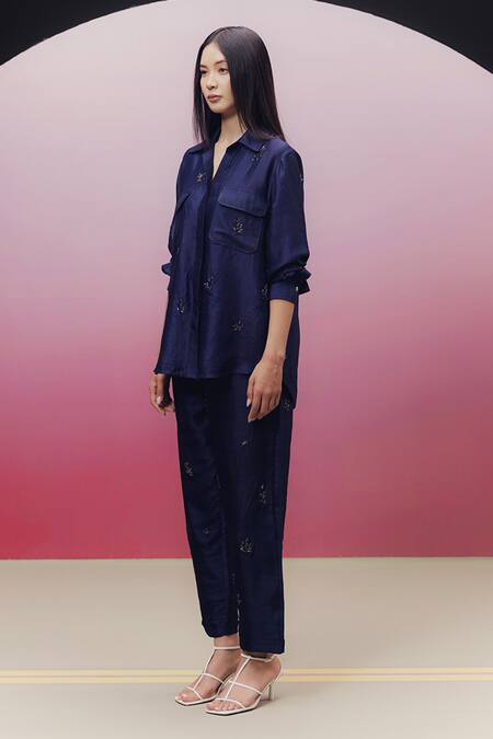 Shop_Kavya Singh Kundu_Black Silk Beads Collared Zena Leaf Embroidered Shirt And Pant Set _Online_at_Aza_Fashions