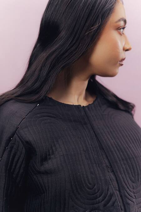 Kavya Singh Kundu Black Silk Beads Round Neck Zeta Quilted Cropped Jacket Online at Aza Fashions Kavya Singh Kundu_Black Silk Beads Round Neck Zeta Quilted Cropped Jacket _Online_at_Aza_Fashions