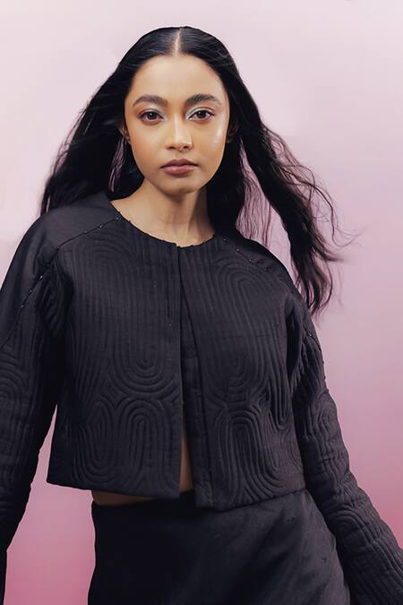 Shop Kavya Singh Kundu Black Silk Beads Round Neck Zeta Quilted Cropped Jacket Online at Aza Fashions Shop_Kavya Singh Kundu_Black Silk Beads Round Neck Zeta Quilted Cropped Jacket _Online_at_Aza_Fashions