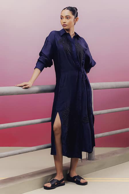 Buy_Kavya Singh Kundu_Blue Silk Beads Collared Zoe Handwoven Midi Shirt Dress _Online_at_Aza_Fashions