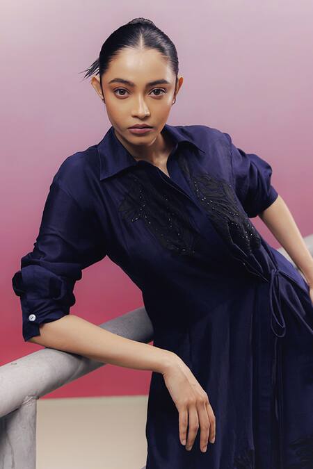 Shop_Kavya Singh Kundu_Blue Silk Beads Collared Zoe Handwoven Midi Shirt Dress _Online_at_Aza_Fashions