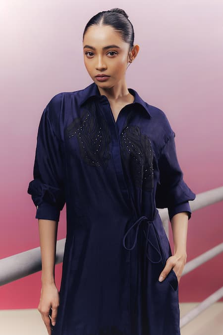 Kavya Singh Kundu_Blue Silk Beads Collared Zoe Handwoven Midi Shirt Dress _at_Aza_Fashions