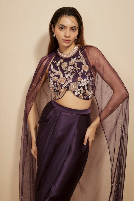 Buy_Masumi Mewawalla_Purple Maheshwari, Silk Embroidery, Sequins Floral Blouse With Dhoti Skirt _Online_at_Aza_Fashions