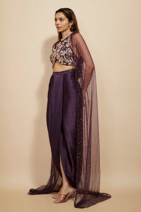 Shop_Masumi Mewawalla_Purple Maheshwari, Silk Embroidery, Sequins Floral Blouse With Dhoti Skirt _Online_at_Aza_Fashions