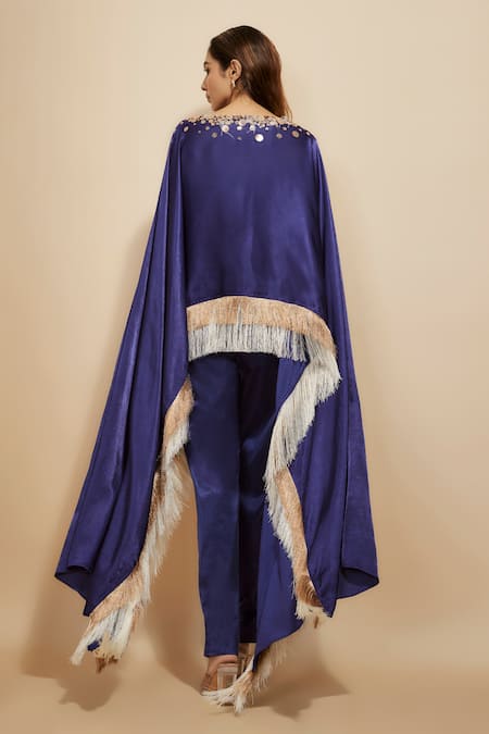 Shop_Masumi Mewawalla_Blue Silk Sequins, Fringe Boat Neck Embroidered Yoke Kaftan With Pant _at_Aza_Fashions