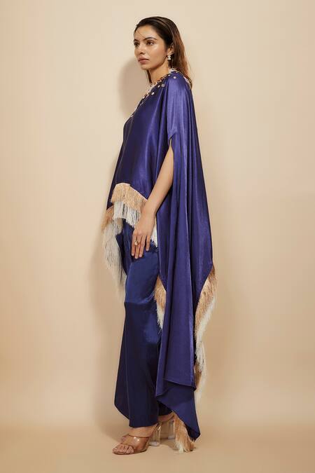 Masumi Mewawalla_Blue Silk Sequins, Fringe Boat Neck Embroidered Yoke Kaftan With Pant _Online_at_Aza_Fashions