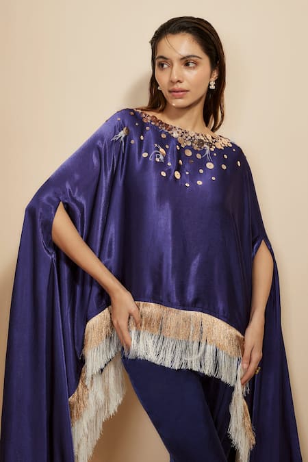 Buy_Masumi Mewawalla_Blue Silk Sequins, Fringe Boat Neck Embroidered Yoke Kaftan With Pant _Online_at_Aza_Fashions