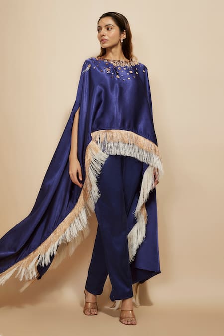 Shop_Masumi Mewawalla_Blue Silk Sequins, Fringe Boat Neck Embroidered Yoke Kaftan With Pant _Online_at_Aza_Fashions