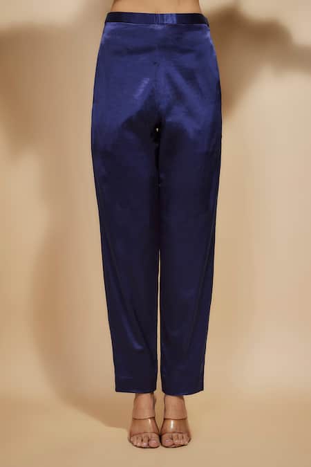 Masumi Mewawalla_Blue Silk Sequins, Fringe Boat Neck Embroidered Yoke Kaftan With Pant _at_Aza_Fashions