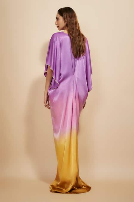 Shop Masumi Mewawalla Purple Silk Rhinestones V-neck Ombre Effect Kaftan at Aza Fashions Shop_Masumi Mewawalla_Purple Silk Rhinestones V-neck Ombre Effect Kaftan _at_Aza_Fashions