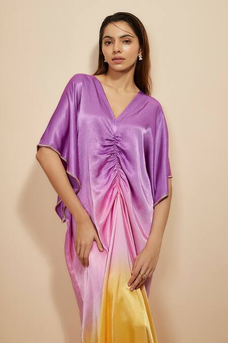Masumi Mewawalla Purple Silk Rhinestones V-neck Ombre Effect Kaftan Online at Aza Fashions Masumi Mewawalla_Purple Silk Rhinestones V-neck Ombre Effect Kaftan _Online_at_Aza_Fashions