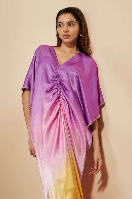 Shop Masumi Mewawalla Purple Silk Rhinestones V-neck Ombre Effect Kaftan Online at Aza Fashions Shop_Masumi Mewawalla_Purple Silk Rhinestones V-neck Ombre Effect Kaftan _Online_at_Aza_Fashions