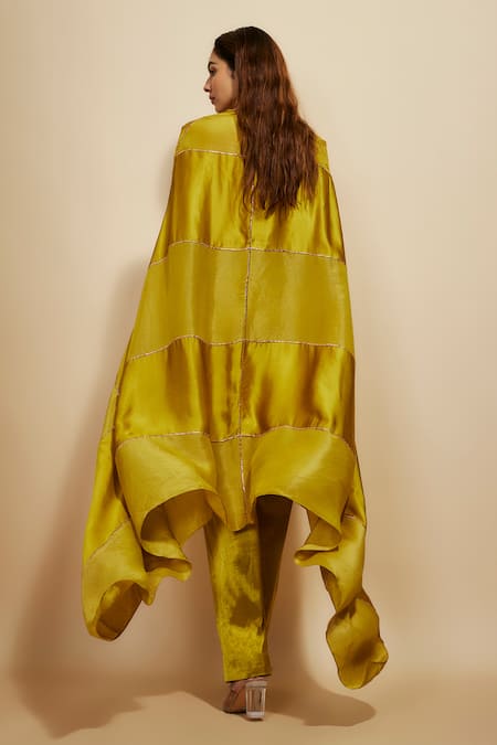 Shop Masumi Mewawalla Yellow Tissue, Modal, Silk, Satin Block Embroidered Asymmetric Kaftan With Pant at Aza Fashions Shop_Masumi Mewawalla_Yellow Tissue, Modal, Silk, Satin Block Embroidered Asymmetric Kaftan With Pant _at_Aza_Fashions