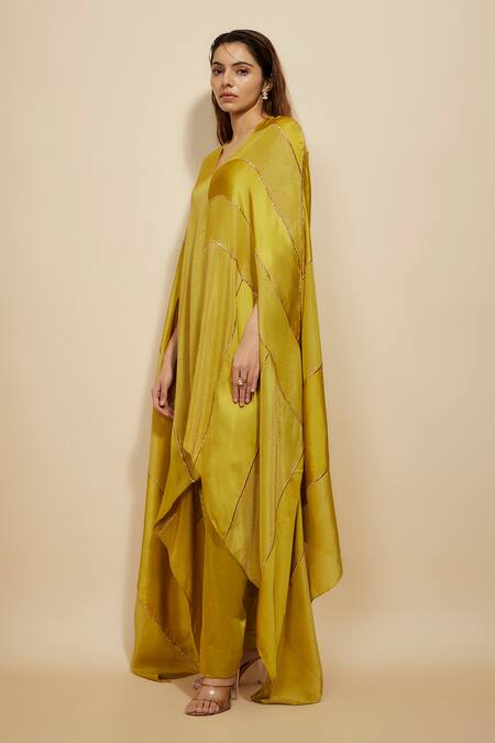 Buy Masumi Mewawalla Yellow Tissue, Modal, Silk, Satin Block Embroidered Asymmetric Kaftan With Pant Online at Aza Fashions Buy_Masumi Mewawalla_Yellow Tissue, Modal, Silk, Satin Block Embroidered Asymmetric Kaftan With Pant _Online_at_Aza_Fashions