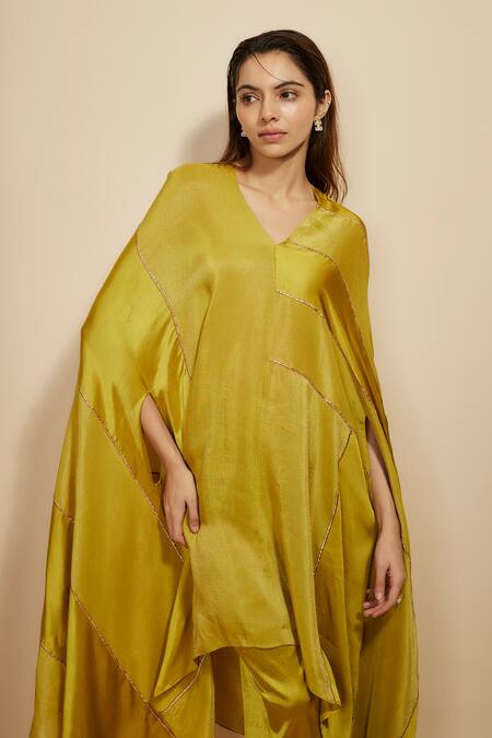 Shop Masumi Mewawalla Yellow Tissue, Modal, Silk, Satin Block Embroidered Asymmetric Kaftan With Pant Online at Aza Fashions Shop_Masumi Mewawalla_Yellow Tissue, Modal, Silk, Satin Block Embroidered Asymmetric Kaftan With Pant _Online_at_Aza_Fashions