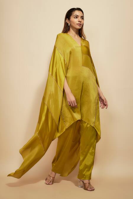 Masumi Mewawalla Yellow Tissue, Modal, Silk, Satin Block Embroidered Asymmetric Kaftan With Pant at Aza Fashions Masumi Mewawalla_Yellow Tissue, Modal, Silk, Satin Block Embroidered Asymmetric Kaftan With Pant _at_Aza_Fashions