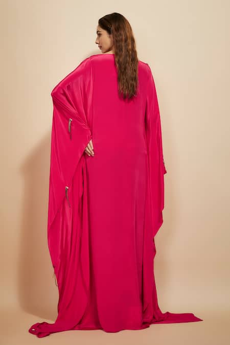 Shop Masumi Mewawalla Pink Crepe Fringe Round Neck Abstract Embroidered Kaftan at Aza Fashions Shop_Masumi Mewawalla_Pink Crepe Fringe Round Neck Abstract Embroidered Kaftan _at_Aza_Fashions