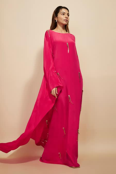 Masumi Mewawalla Pink Crepe Fringe Round Neck Abstract Embroidered Kaftan Online at Aza Fashions Masumi Mewawalla_Pink Crepe Fringe Round Neck Abstract Embroidered Kaftan _Online_at_Aza_Fashions