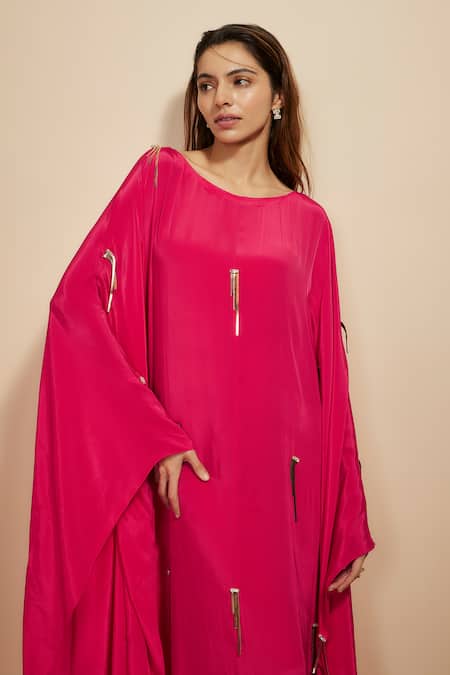 Buy Masumi Mewawalla Pink Crepe Fringe Round Neck Abstract Embroidered Kaftan Online at Aza Fashions Buy_Masumi Mewawalla_Pink Crepe Fringe Round Neck Abstract Embroidered Kaftan _Online_at_Aza_Fashions