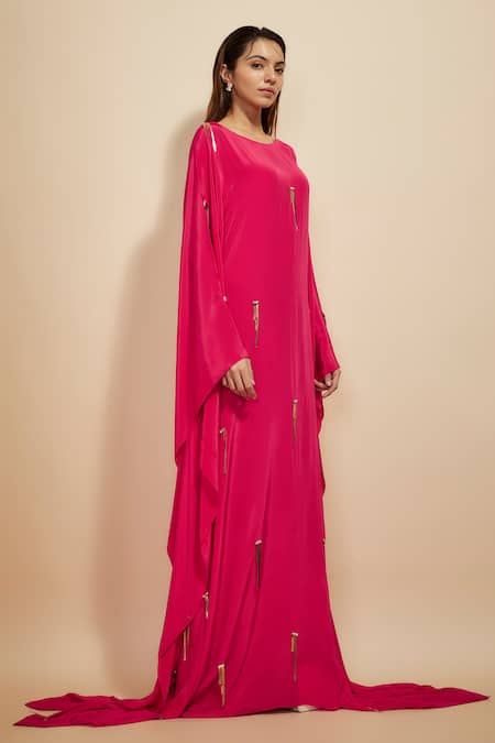Shop Masumi Mewawalla Pink Crepe Fringe Round Neck Abstract Embroidered Kaftan Online at Aza Fashions Shop_Masumi Mewawalla_Pink Crepe Fringe Round Neck Abstract Embroidered Kaftan _Online_at_Aza_Fashions