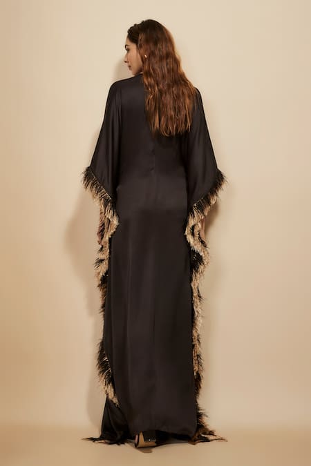 Shop Masumi Mewawalla Black Modal, Satin Fringe High Neck Embroidered Tie-up Belt Kaftan at Aza Fashions Shop_Masumi Mewawalla_Black Modal, Satin Fringe High Neck Embroidered Tie-up Belt Kaftan _at_Aza_Fashions