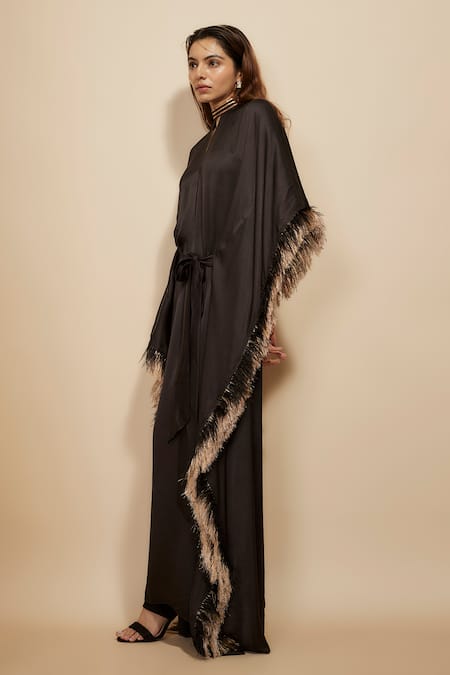Masumi Mewawalla Black Modal, Satin Fringe High Neck Embroidered Tie-up Belt Kaftan Online at Aza Fashions Masumi Mewawalla_Black Modal, Satin Fringe High Neck Embroidered Tie-up Belt Kaftan _Online_at_Aza_Fashions