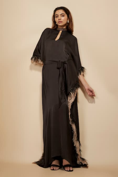 Buy Masumi Mewawalla Black Modal, Satin Fringe High Neck Embroidered Tie-up Belt Kaftan Online at Aza Fashions Buy_Masumi Mewawalla_Black Modal, Satin Fringe High Neck Embroidered Tie-up Belt Kaftan _Online_at_Aza_Fashions