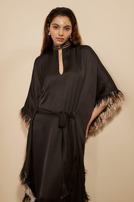 Shop Masumi Mewawalla Black Modal, Satin Fringe High Neck Embroidered Tie-up Belt Kaftan Online at Aza Fashions Shop_Masumi Mewawalla_Black Modal, Satin Fringe High Neck Embroidered Tie-up Belt Kaftan _Online_at_Aza_Fashions