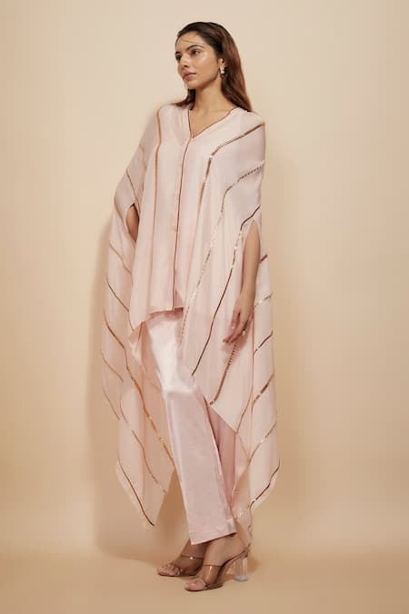 Masumi Mewawalla Pink Lycra, Crepe, Silk Sequins, Beads V-neck Embroidered Kaftan With Pant Online at Aza Fashions Masumi Mewawalla_Pink Lycra, Crepe, Silk Sequins, Beads V-neck Embroidered Kaftan With Pant _Online_at_Aza_Fashions