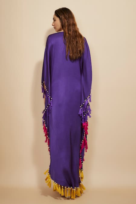 Shop_Masumi Mewawalla_Purple Modal, Satin Tassels, Rhinestones V-neck Fringed Kaftan _at_Aza_Fashions