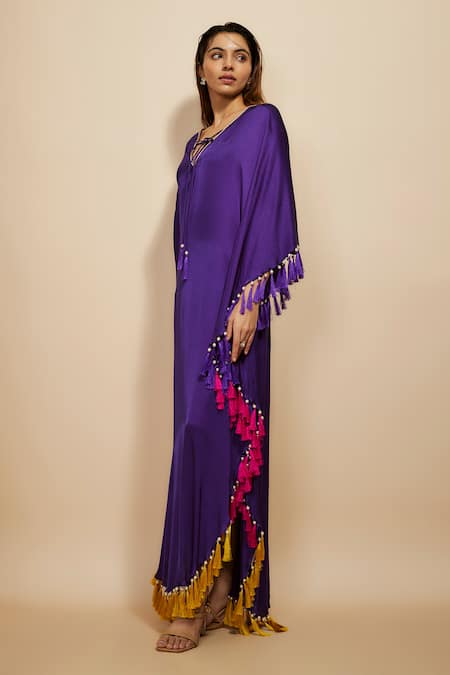 Masumi Mewawalla_Purple Modal, Satin Tassels, Rhinestones V-neck Fringed Kaftan _Online_at_Aza_Fashions