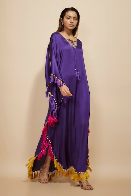 Buy_Masumi Mewawalla_Purple Modal, Satin Tassels, Rhinestones V-neck Fringed Kaftan _Online_at_Aza_Fashions