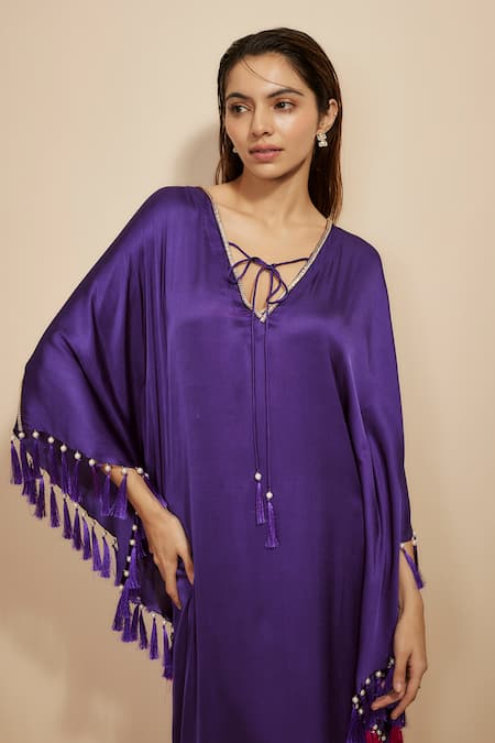 Shop_Masumi Mewawalla_Purple Modal, Satin Tassels, Rhinestones V-neck Fringed Kaftan _Online_at_Aza_Fashions
