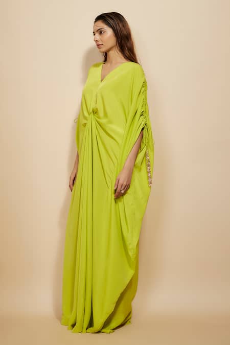 Masumi Mewawalla Green Crepe Beads V-neck Cinched Centre Waist Kaftan Online at Aza Fashions Masumi Mewawalla_Green Crepe Beads V-neck Cinched Centre Waist Kaftan _Online_at_Aza_Fashions