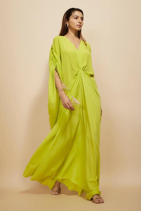 Buy Masumi Mewawalla Green Crepe Beads V-neck Cinched Centre Waist Kaftan Online at Aza Fashions Buy_Masumi Mewawalla_Green Crepe Beads V-neck Cinched Centre Waist Kaftan _Online_at_Aza_Fashions